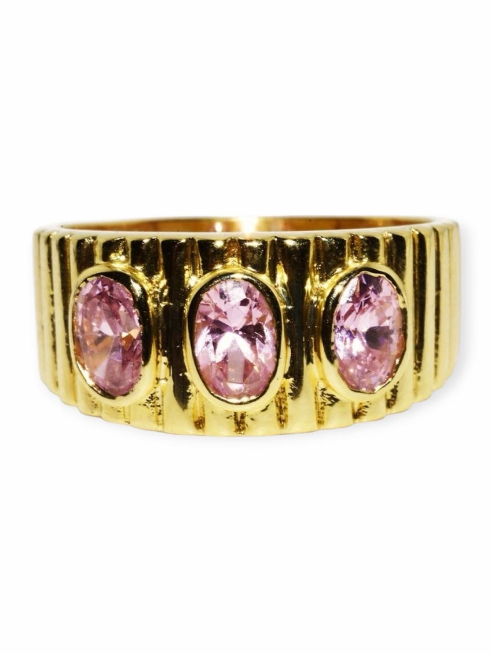 Pink Sapphire 3 Stone Cocktail Ring Gold Over Sterling Silver Lab Created Oval